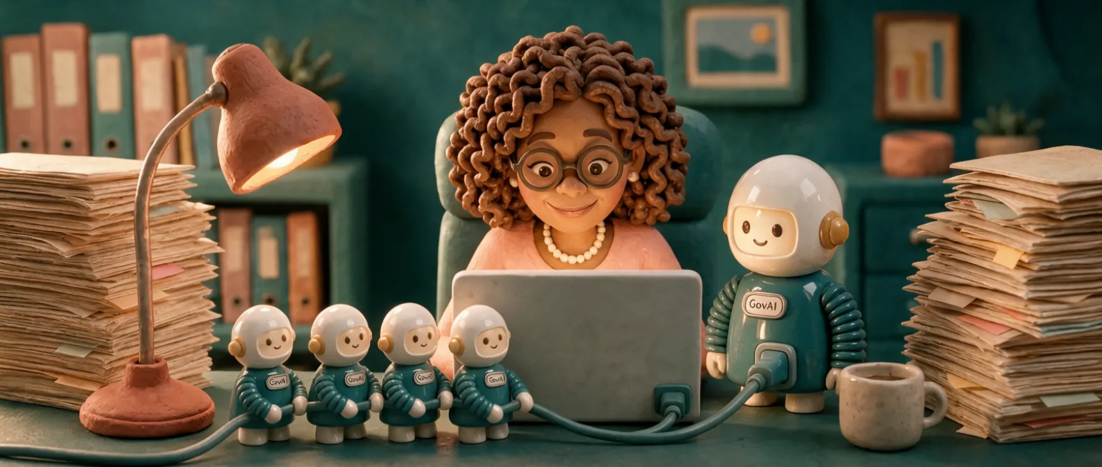 Clay figure of a staff member smiling at her laptop between two stacks of paper, with GovAI robots plugged in beside her