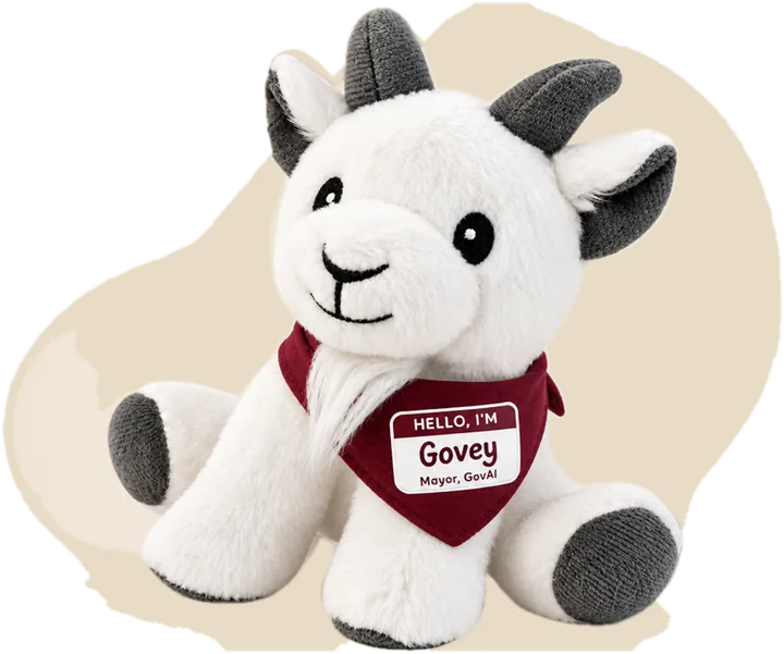 Govey, GovAI's goat mascot, in a red bandana with a 'Hello, I'm Govey, Mayor, GovAI' name tag